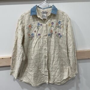 Floral Embroidered Button Down Shirt with Denim Collar